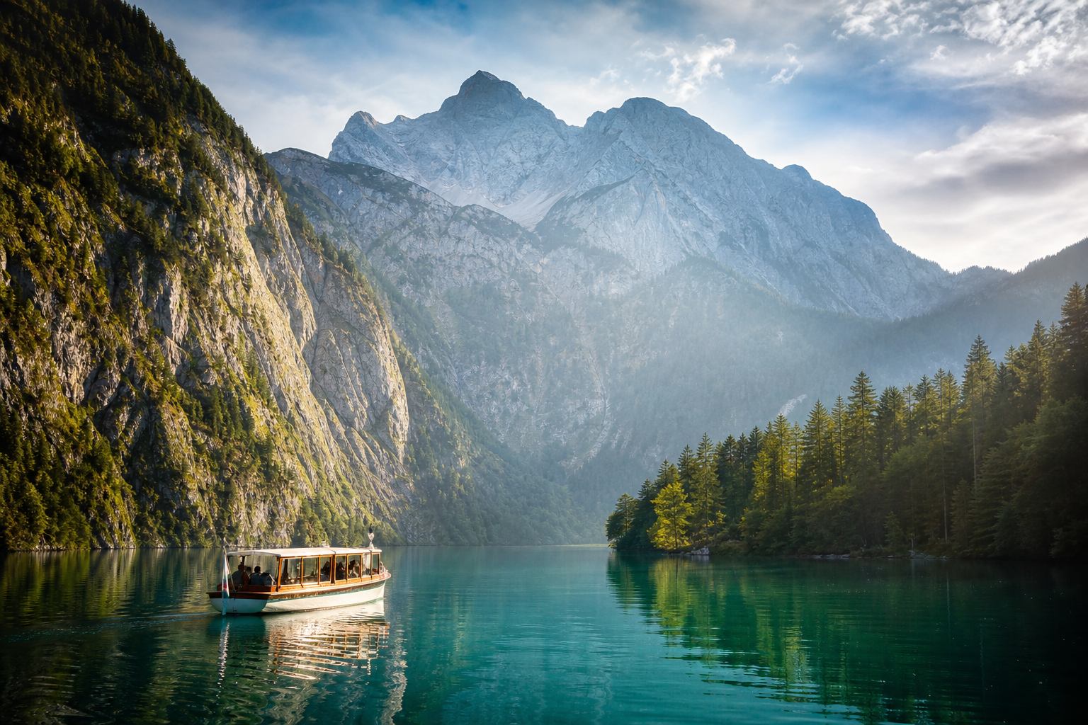 Königssee in Berchtesgaden mit steilen Felswänden
